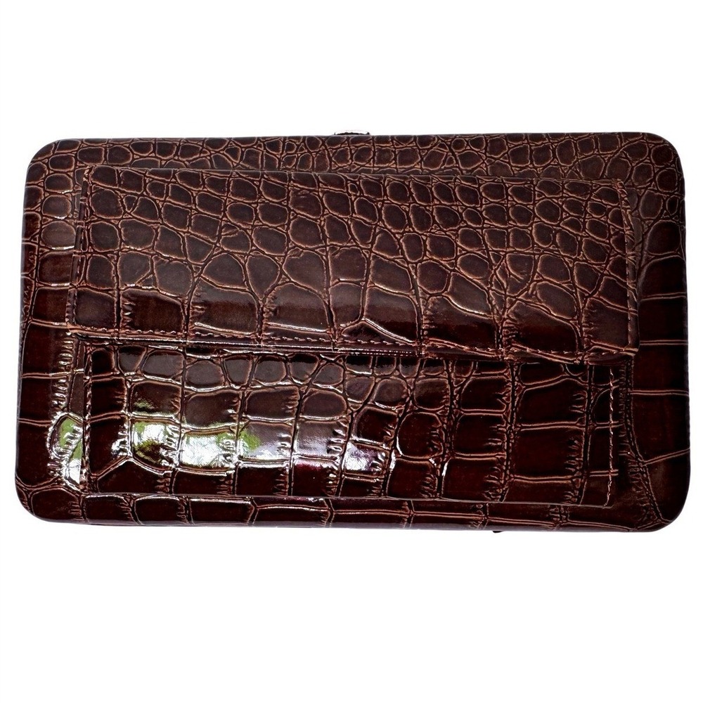 The Metropolitan Brown Croc Embossed Patent Faux Leather Hard Shel Clutch Wallet